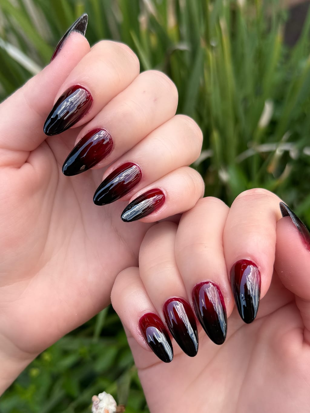 Deep red to black ombre on a glossy coffin set at Palace Nail Spa in Midtown Tallahassee