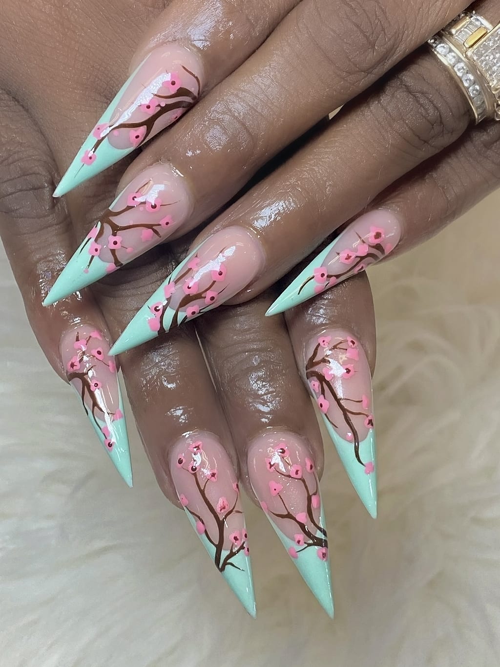 Mint green and pink cherry-blossom nail art on a stiletto set at Palace Nail Spa in Midtown Tallahassee