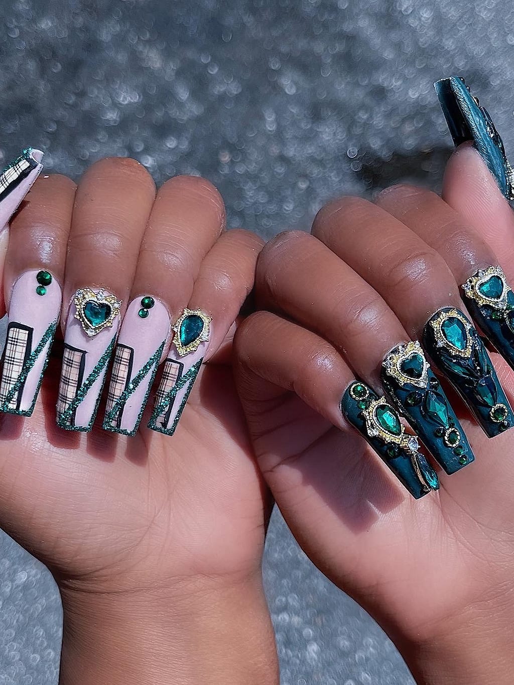Black and white coffin nails with teal chrome accents at Palace Nail Spa in Midtown Tallahassee